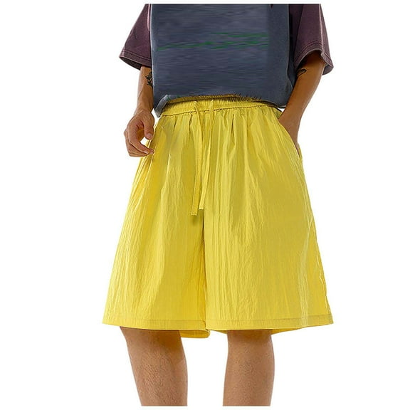 PiGOGI Men's Sports Fitness Shorts with Pockets, Solid Color Breathable Quick Dry Cropped Pants for Training Workout Yellow XS