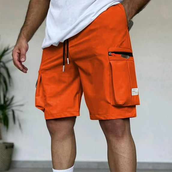 PiGOGI Men's Sports Fitness Shorts with Pockets, Solid Color Quick Dry Cargo Pants for Outdoor Training Workout Orange XL