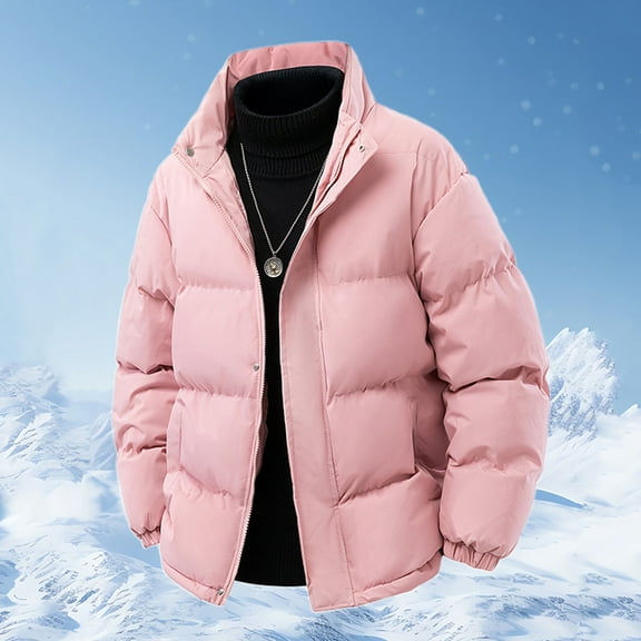 PiGOGI Men's Stand Collar Puffer Jacket Winter Warm Padded Down Coats Quilted Parkas Long Sleeve Outerwear with Pockets Pink XL