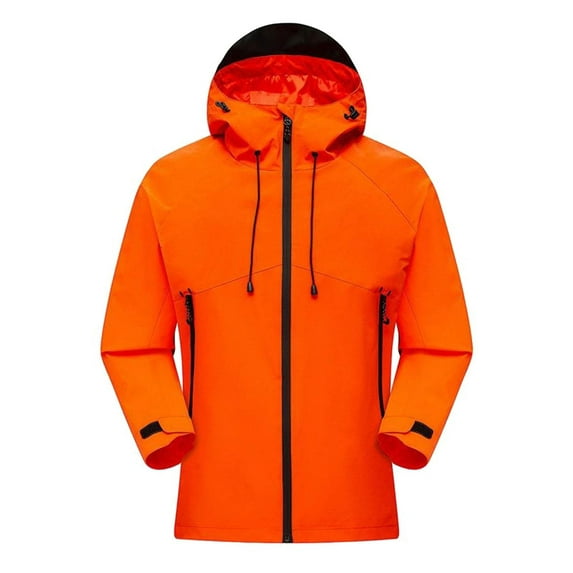 PiGOGI Men's Stormcoat Windproof Hooded Jacket Mountaineering Solid Color Waterproof Long Sleeve Outdoor Jacket Orange L