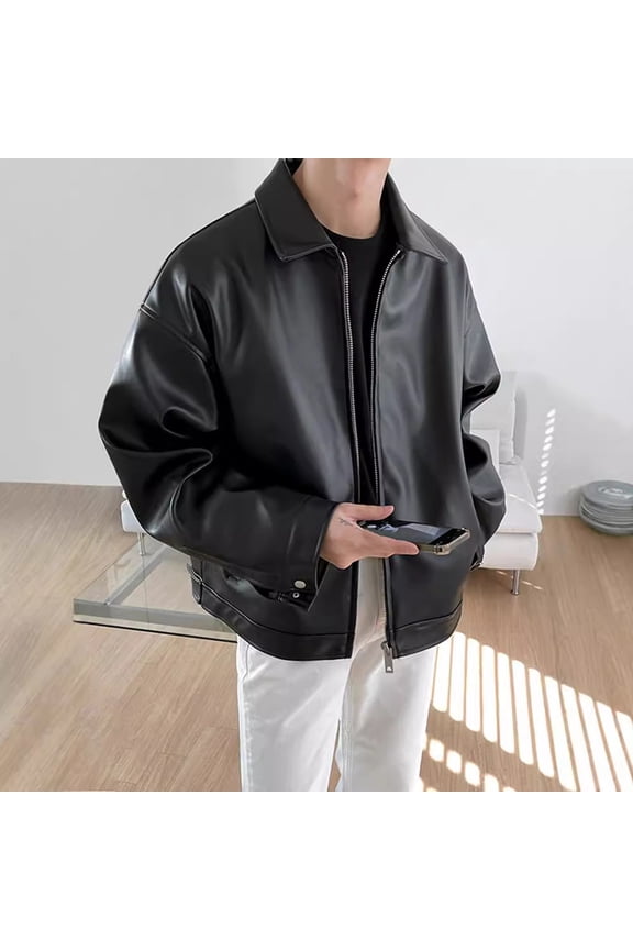 Men's Stylish Lapel PU Leather Jackets Loose Outdoor Casual Long Sleeve Outerwear Zip Up Sports Coat Black XL