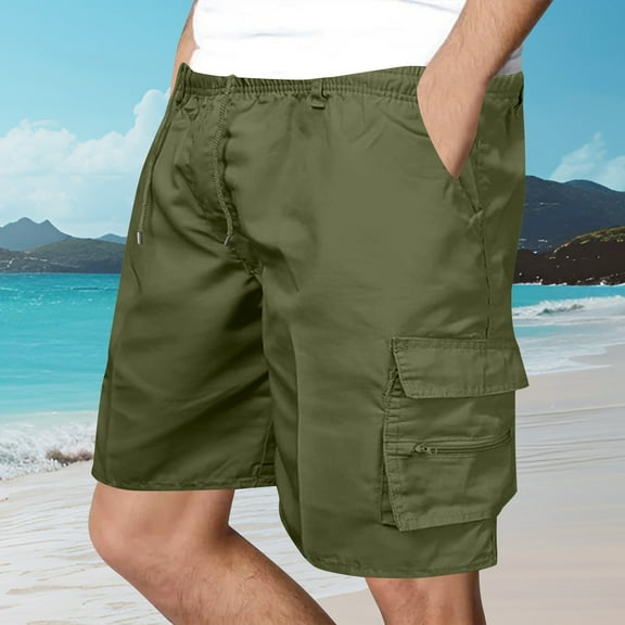 PiGOGI Men's Summer Casual Shorts with Zipper Pockets, Solid Color Lightweight Polyester Cargo Pants for Outdoor Activities Army Green S