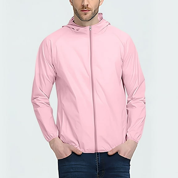 PiGOGI Men's Thin Sports Hooded Jacket Multibag Casual Loose Mountaineering Outdoor Long Sleeve Casual Outwear Pink M
