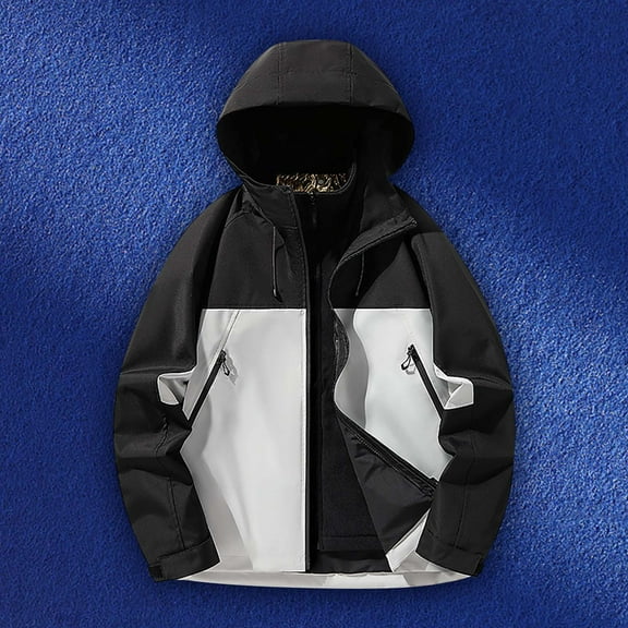 PiGOGI Men's ThreeinOne Outdoor Hooded Jacket Solid Color Climb Sport Run Long Sleeve Zipper Pocket Windbreaker Gray XXXL