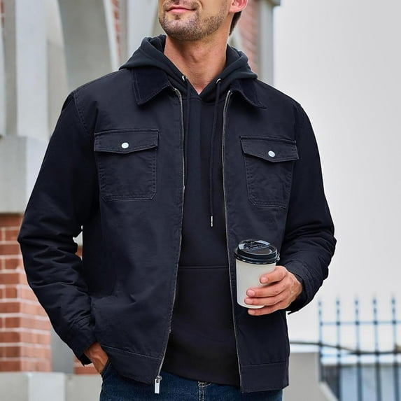 PiGOGI Men's Vintage Cargo Jacket Windproof Jackets Casual Fall Winter Coats Stylish Lapel Neck Long Sleeve Pockets Outerwear Blue L