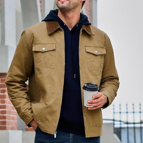 PiGOGI Men's Vintage Cargo Jacket Windproof Jackets Casual Fall Winter Coats Stylish Lapel Neck Long Sleeve Pockets Outerwear Khaki XL