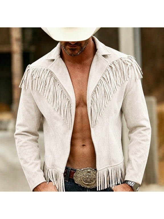 Men's Vintage Moto Jacket Long Sleeve Fringe Tassel Casual Zip Up Coat with Pockets for Streetwear Travel and Daily Wear