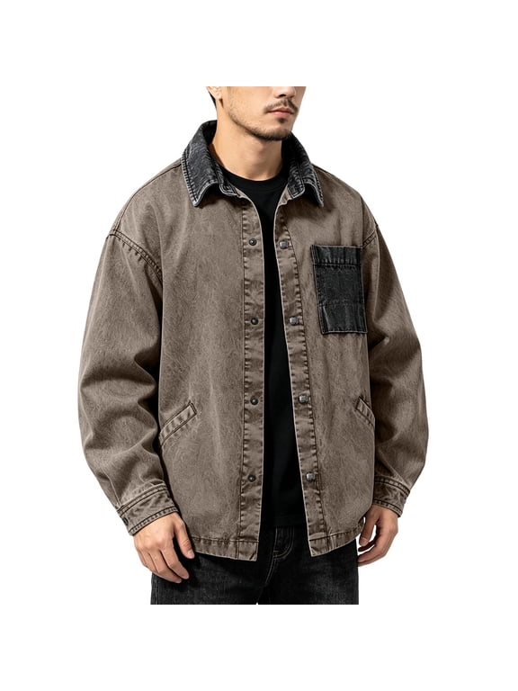 Men's Vintage Washed Color Block Lapel Jacket Long Sleeve Cotton Casual Loose Coat for Streetwear Daily Work and Weekend Outings