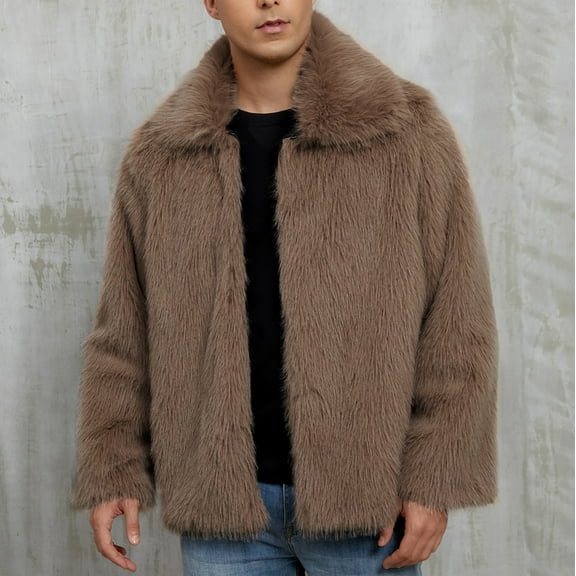 PiGOGI Men's Warm Faux Furry Long Coat Jacket Winter Solid-neck Outerwear Brown S