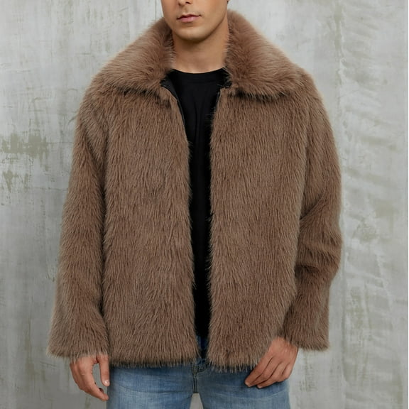 PiGOGI Men's Warm Faux Furry Long Coat Jacket Winter Solid-neck Outerwear Brown XL