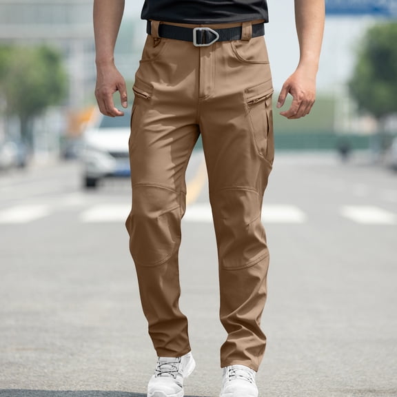 PiGOGI Men's Waterproof Cargo Pants Loose High Elasticity Multi Pocket Work Outdoor Hiking Casual Comfortable Stretchable Trousers Khaki S