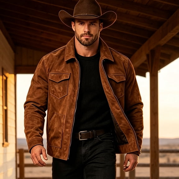 PiGOGI Men's Western Style Jacket Long Sleeve Casual Button Front Cowboy Coat with Pockets for Ranch Work Travel and Daily Wear