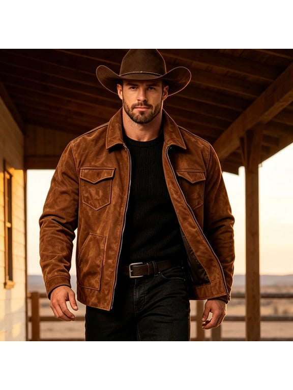 Men's Western Style Jacket Long Sleeve Casual Button Front Cowboy Coat with Pockets for Ranch Work Travel and Daily Wear