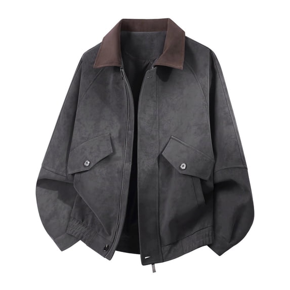 PiGOGI Men's Winter Coats Fashion Leather Solid Color Zipper Pocket Long Sleeve Lapel Leather Coat Jacket Dark Gray 2XL
