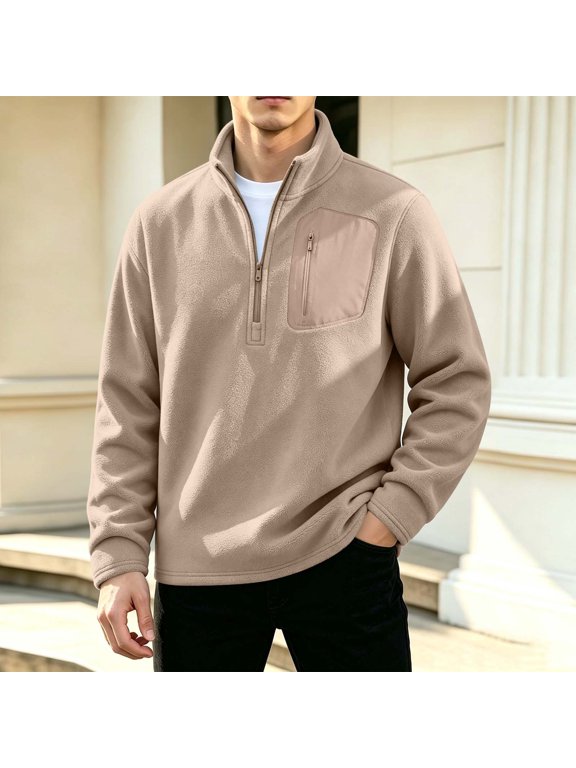 Men's Winter Coats Solid Color Half Zipper Stand Up Collar Pullover Warm Jacket Long Sleeve Casual Khaki M
