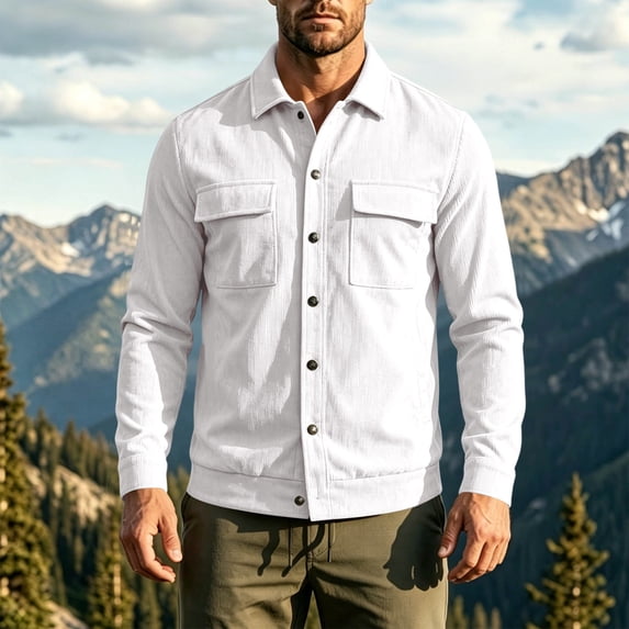 PiGOGI Men's Winter Coats Solid Color Long Sleeved Lapel Button Double Pocket Corduroy Jacket Casual Top White XL