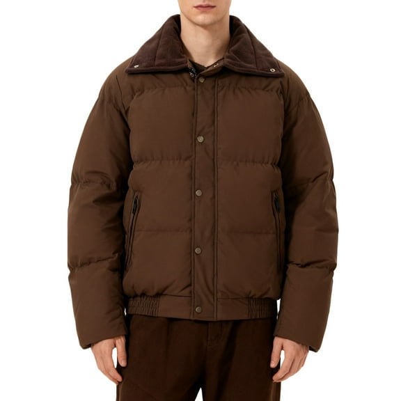 PiGOGI Men's Winter Jacket Casual Solid Color Puffer Turn Down Collar Zipper Pockets Thickened Coat Coffee XL