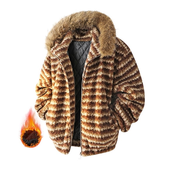 PiGOGI Men's Winter Jacket Casual Striped Fleece Hooded Zipper Long Sleeve Thickened Insulated Parkas Coffee 3XL