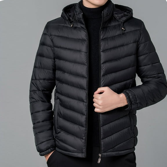 PiGOGI Men's Winter Jacket Detachable Hooded Zipper Cardigan Puffy Down Quilted Warm Pocket Coat Long Sleeve Black 2XL