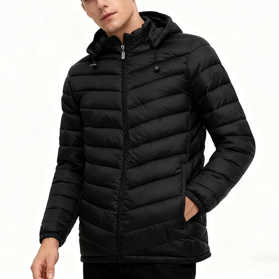 PiGOGI Men's Winter Jacket Detachable Hooded Zipper Cardigan Puffy Down Quilted Warm Pocket Coat Long Sleeve Black 3XL