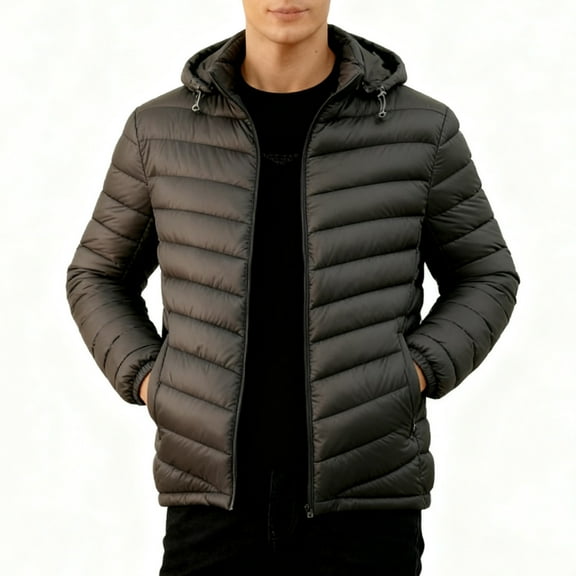 PiGOGI Men's Winter Jacket Detachable Hooded Zipper Cardigan Puffy Down Quilted Warm Pocket Coat Long Sleeve Gray 2XL