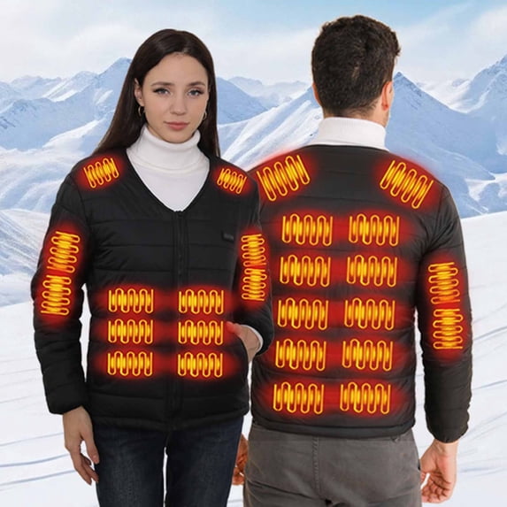 PiGOGI Men's Winter Jacket USB Heating Fleece V Neck Zipper Long Sleeve Charging Warm Coat Black XL