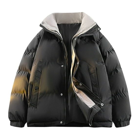 PiGOGI Men's Winter Jacket Warm Stand Collar Zipper Padded Quilted Coat Long Sleeve Casual Outdoor thermal Streetwear Black XL