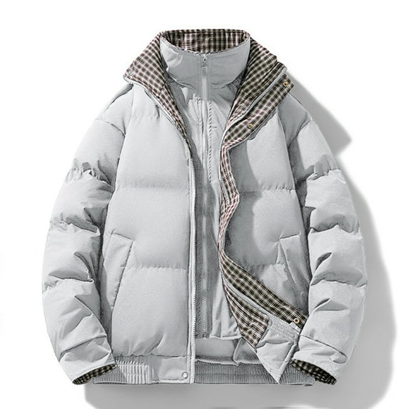 PiGOGI Men's Winter Jacket Warm Stand Collar Zipper Padded Quilted Coat Long Sleeve Casual Outdoor thermal Windproof Gray M