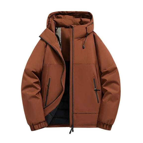 PiGOGI Men's Winter Jacket Windproof Waterproof Thick Warm Hooded Cardigan Zipper Long Sleeve Brown 2XL