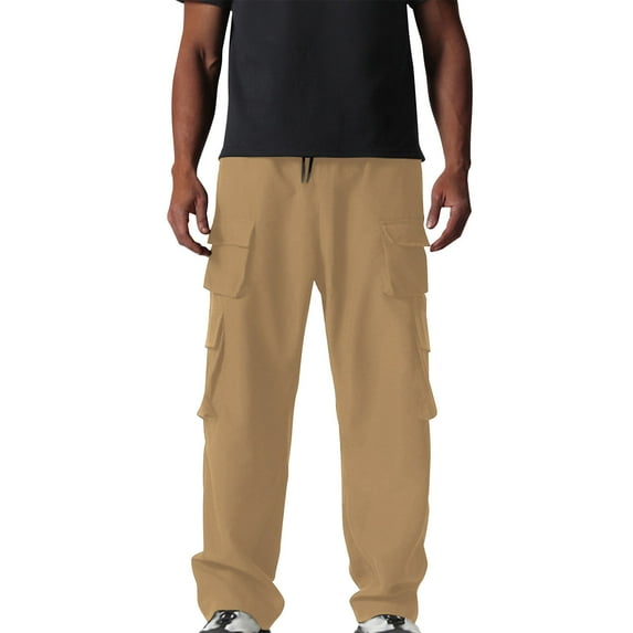PiGOGI Men's Work Pants Solid Color Drawstring Elastic Waistband Multi Pocket Casual Comfortable Outdoor Hiking Jogging Khaki XXL