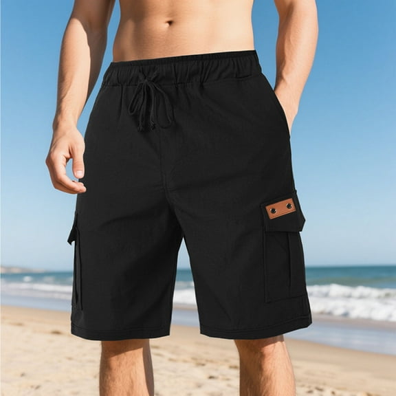 PiGOGI Men's Work Shorts with Multiple Pockets, Casual Elastic Waist Drawstring Comfortable Summer Short Pants for Outdoor Black XL