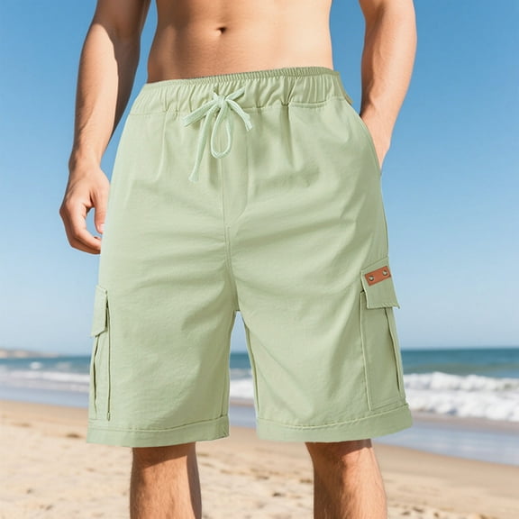 PiGOGI Men's Work Shorts with Multiple Pockets, Casual Elastic Waist Drawstring Comfortable Summer Short Pants for Outdoor Green S