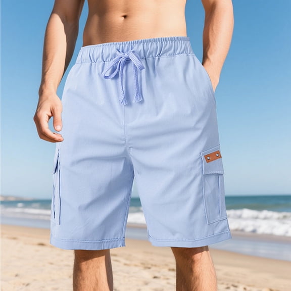 PiGOGI Men's Work Shorts with Multiple Pockets, Casual Elastic Waist Drawstring Comfortable Summer Short Pants for Outdoor Light Blue M