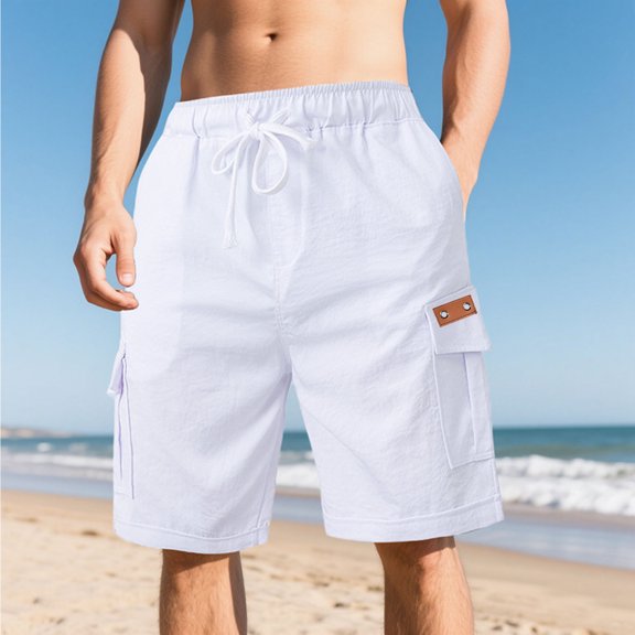 PiGOGI Men's Work Shorts with Multiple Pockets, Casual Elastic Waist Drawstring Comfortable Summer Short Pants for Outdoor White XL