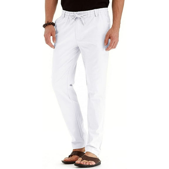 PiGOGI Mens Casual Linen Pants Loose Fit Elastic Drawstring Waist Summer Yoga Beach Trousers White