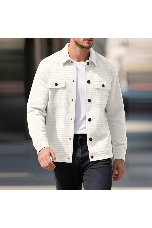 Mens Casual Shirt Jacket Button Down Waffle Jacket Long Sleeve Sweater Jackets Quilted Shacket Overshirt White L