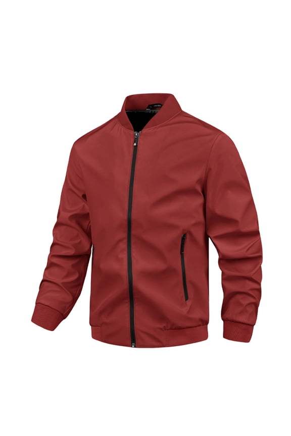 Mens Lightweight Full Zip Jacket Causal Stand Collar Pullover with Zipper Pockets Long Sleeve Windbreaker Outdoor Travel Red L