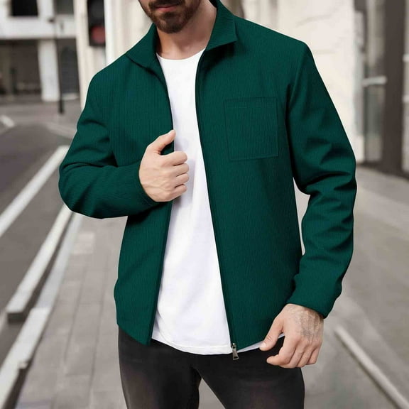 PiGOGI Mens Lightweight Jacket Waffle Casual Fashion Bomber Coat Lapel Slim Fit Long Sleeve Button Down Shirt Jackets Solid Green S