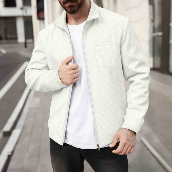 PiGOGI Mens Lightweight Jacket Waffle Casual Fashion Bomber Coat Lapel Slim Fit Long Sleeve Button Down Shirt Jackets Solid White M