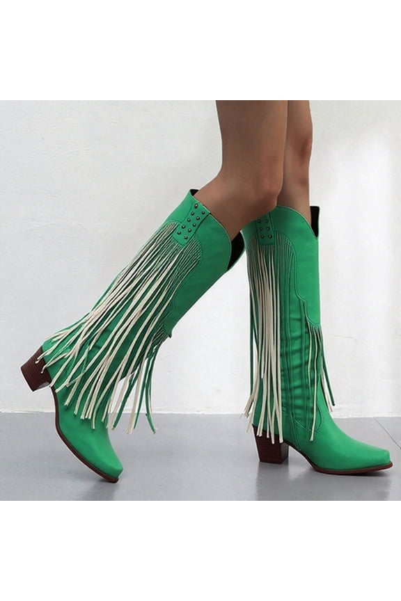 Metal Tassel High Boots for Women Fashion Fall Winter Square Toe Thick Heel Comfortable Western Style Knee Boots Green 36