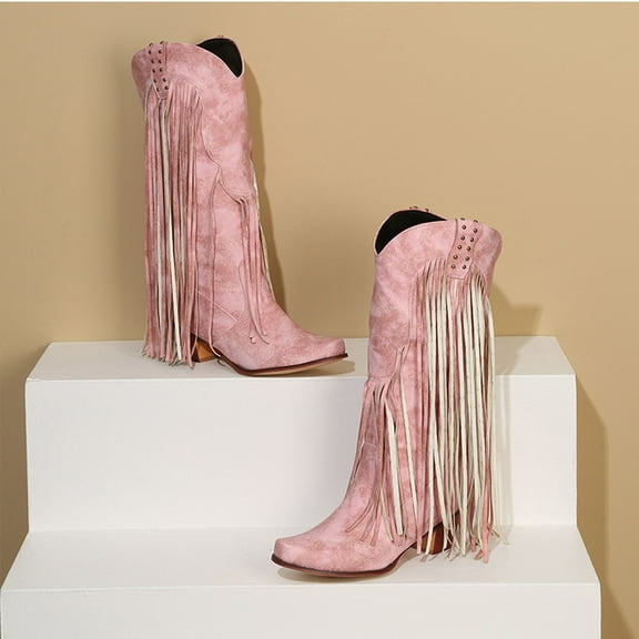 PiGOGI Metal Tassel High Boots for Women Fashion Fall Winter Square Toe Thick Heel Comfortable Western Style Knee Boots Pink 37