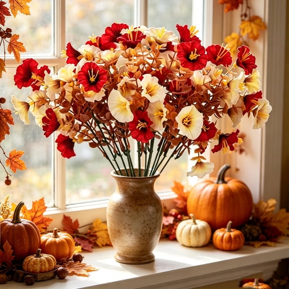 PiGOGI Outdoor Artificial Flowers Realistic Silk Morning Glory Autumnal Faux Blooms for Porch Patio Window Box