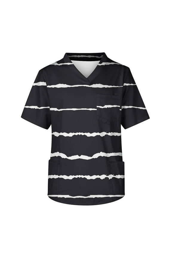 Plus Size Women's Nursing Uniforms V-Neck Short Sleeve Printed T Shirt Casual Healthcare Workwear Top Black L