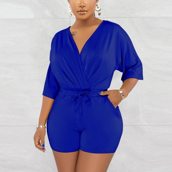 PiGOGI Plus Size Women's Summer Romper - V-Neck Sleeveless Jumpsuit Shorts - Casual Beachwear Overalls with Elastic Waist Blue S
