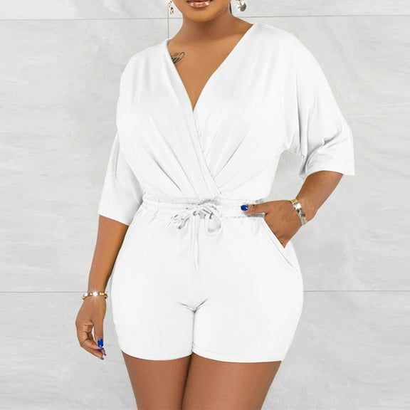 PiGOGI Plus Size Women's Summer Romper - V-Neck Sleeveless Jumpsuit Shorts - Casual Beachwear Overalls with Elastic Waist White XL