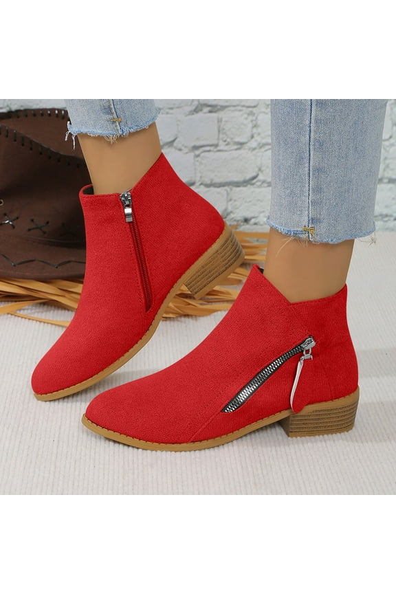 Pointed Toe Boots for Women Fashion Side Zipper Thick Heel Mid-Calf Boots Winter Casual Comfortable Slip Resistant Red 41