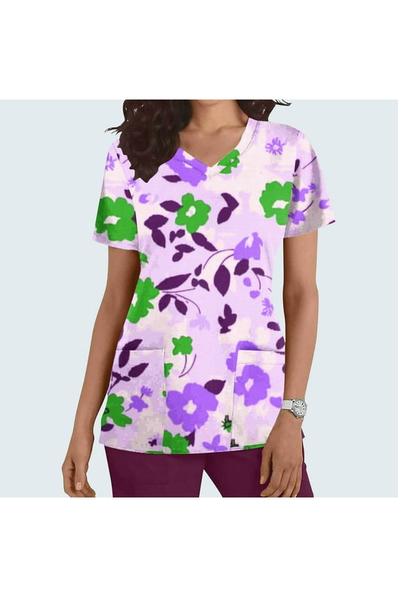Professional Women's Nursing Uniforms Short Sleeve V-Neck Printed Pocket Healthcare Workwear Top Purple M
