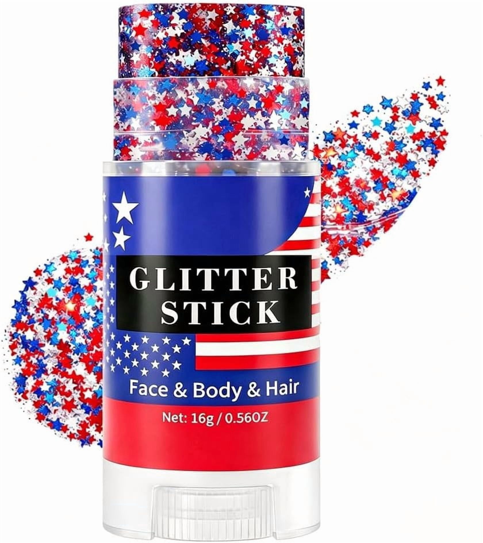 PiGOGI Red White and Blue Face Hair Glitter Stick,Patriotic USA Flag Star Face Glitter for Independence Day Memorial Day,4th of July Outfits for Women Kids,Fourth of July Accessories,0.56oz