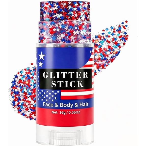PiGOGI Red White and Blue Face Hair Glitter Stick,Patriotic USA Flag Star Face Glitter for Independence Day Memorial Day,4th of July Outfits for Women Kids,Fourth of July Accessories,0.56oz
