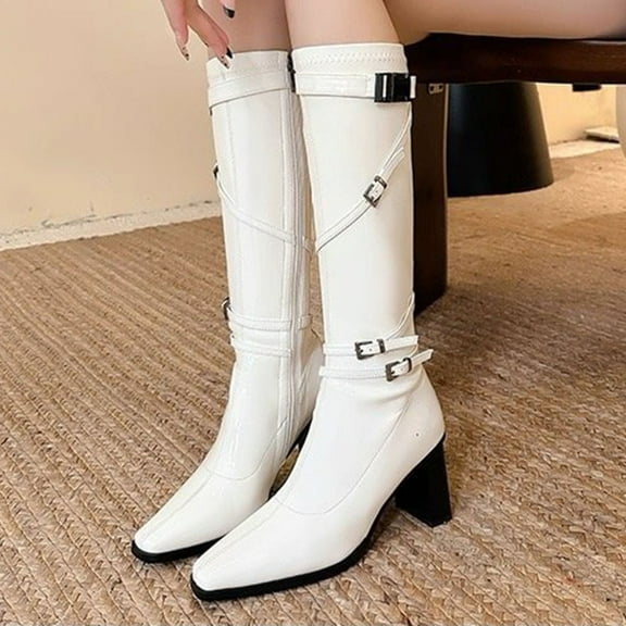 PiGOGI Riding Boots for Women Fashion Winter Belt Buckle Thick-Heeled Slim-Fitting High Heel Knee High Boots Pointed Toe White 38